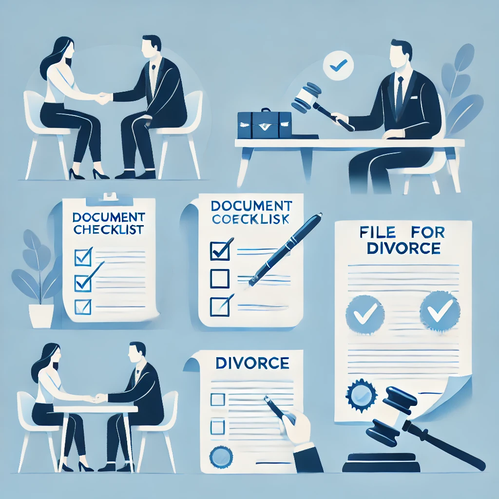 Illustration showing a simplified divorce process with steps including document preparation, agreement over paperwork, court gavel, and a finalized divorce decree