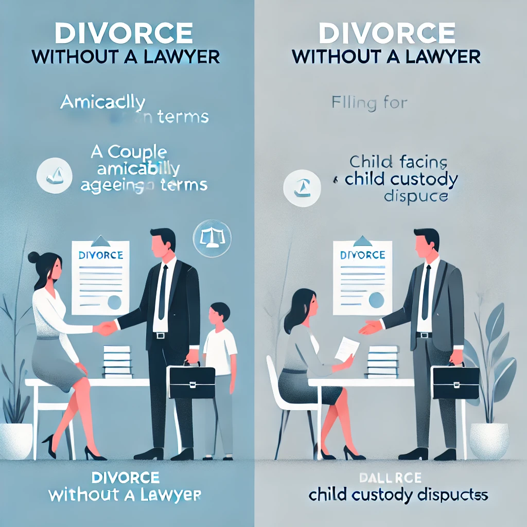 Illustration showing two scenarios of divorce without a lawyer: one with a couple agreeing amicably and another facing challenges like custody disputes