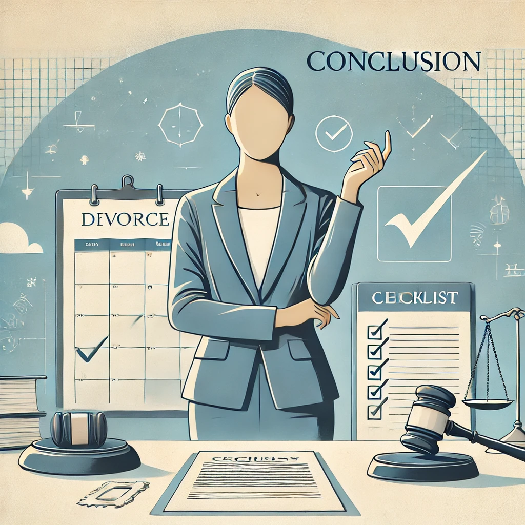 Illustration of a person organizing legal documents with a checklist and gavel, symbolizing preparation and empowerment during the divorce process