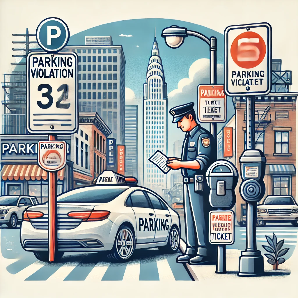 Illustration of a parking violation in NYC, LA, or Chicago with a parked car receiving a ticket, parking signs, and urban cityscape