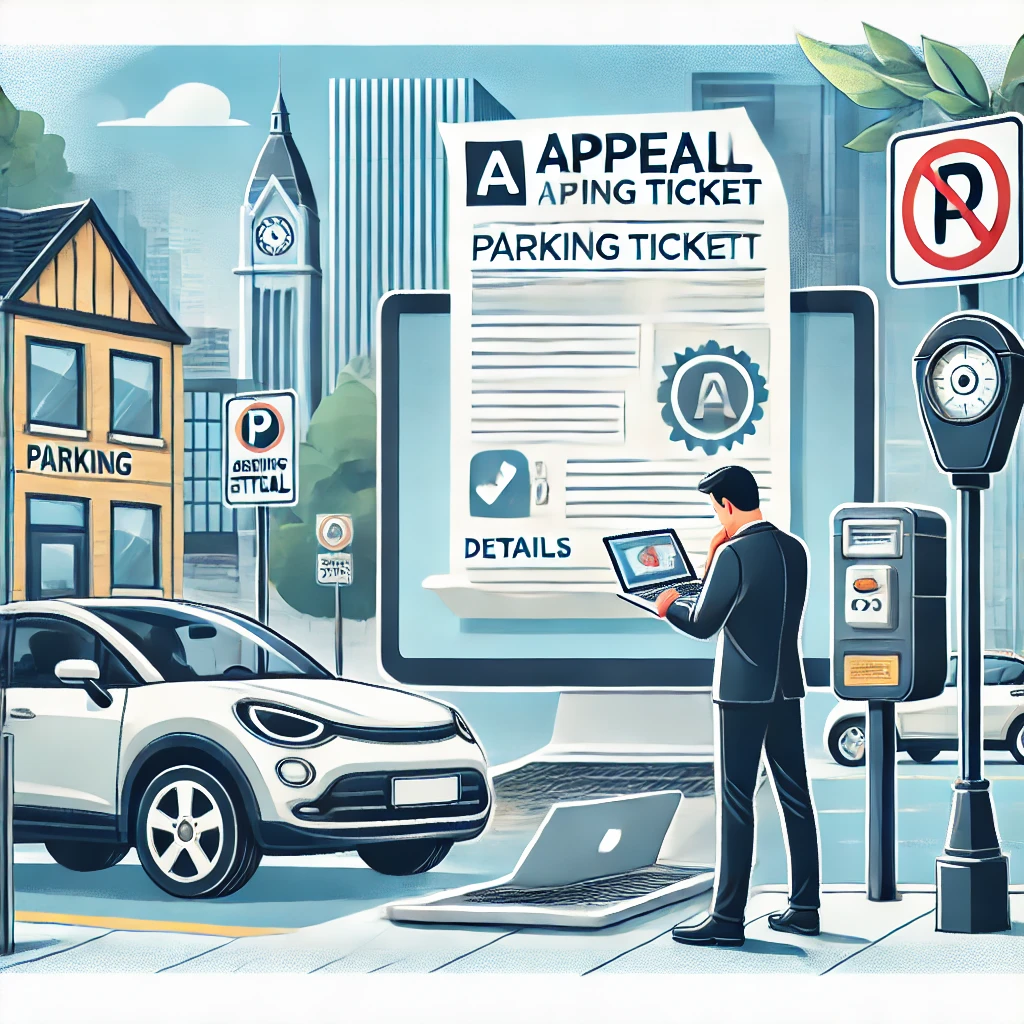 Illustration of appealing a parking ticket in a city, showing steps like photographing the car, reading the ticket, and submitting an online appeal