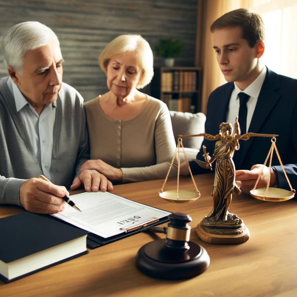 Legal Insights for Estate Planning A senior couple reviewing a will with a lawyer, with a balance scale and legal documents nearby, representing estate planning.