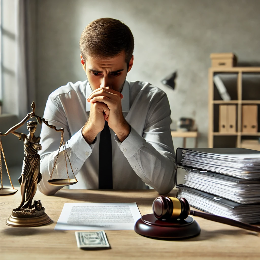 Legal Insights for Personal Legal Issues A worried individual surrounded by legal documents and a balance scale, symbolizing the complexity of handling personal legal issues.