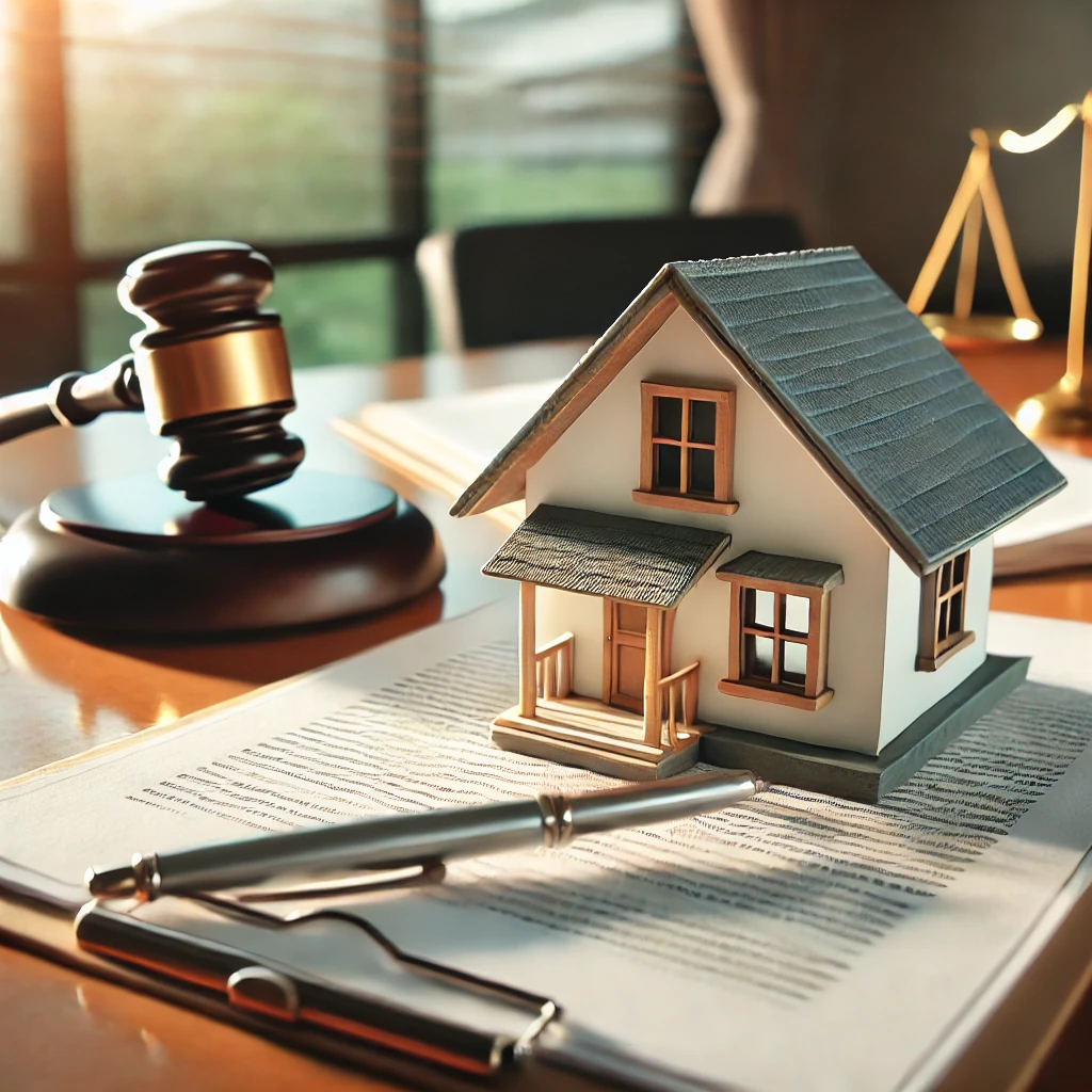 Legal Insights for Real Estate A house model placed on legal documents with a gavel nearby, representing legal guidance for real estate transactions.